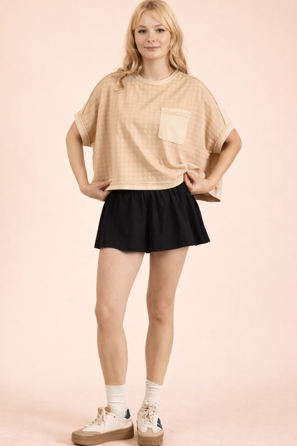 VERY J taupe textured knit dolman sleeve top with patch pocket and raw-edge details 3