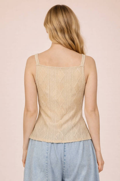 VERY J taupe textured sleeveless square neck button front top styled with light wash denim back view