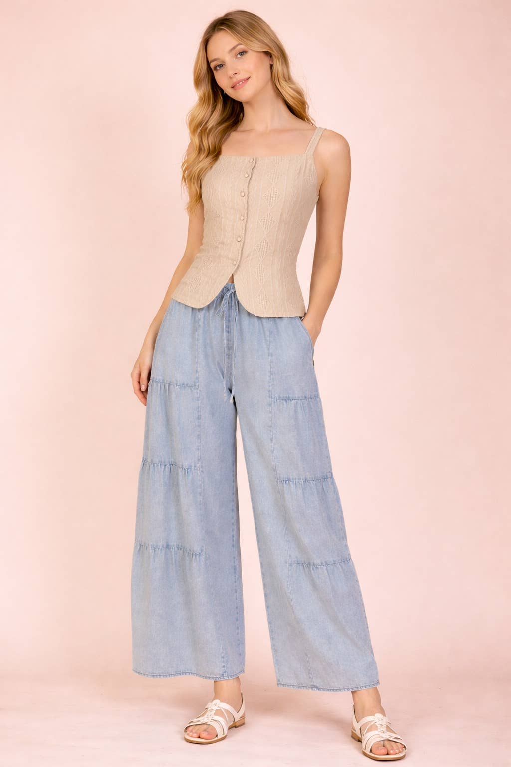 VERY J taupe textured sleeveless square neck button front top styled with light wash denim full view