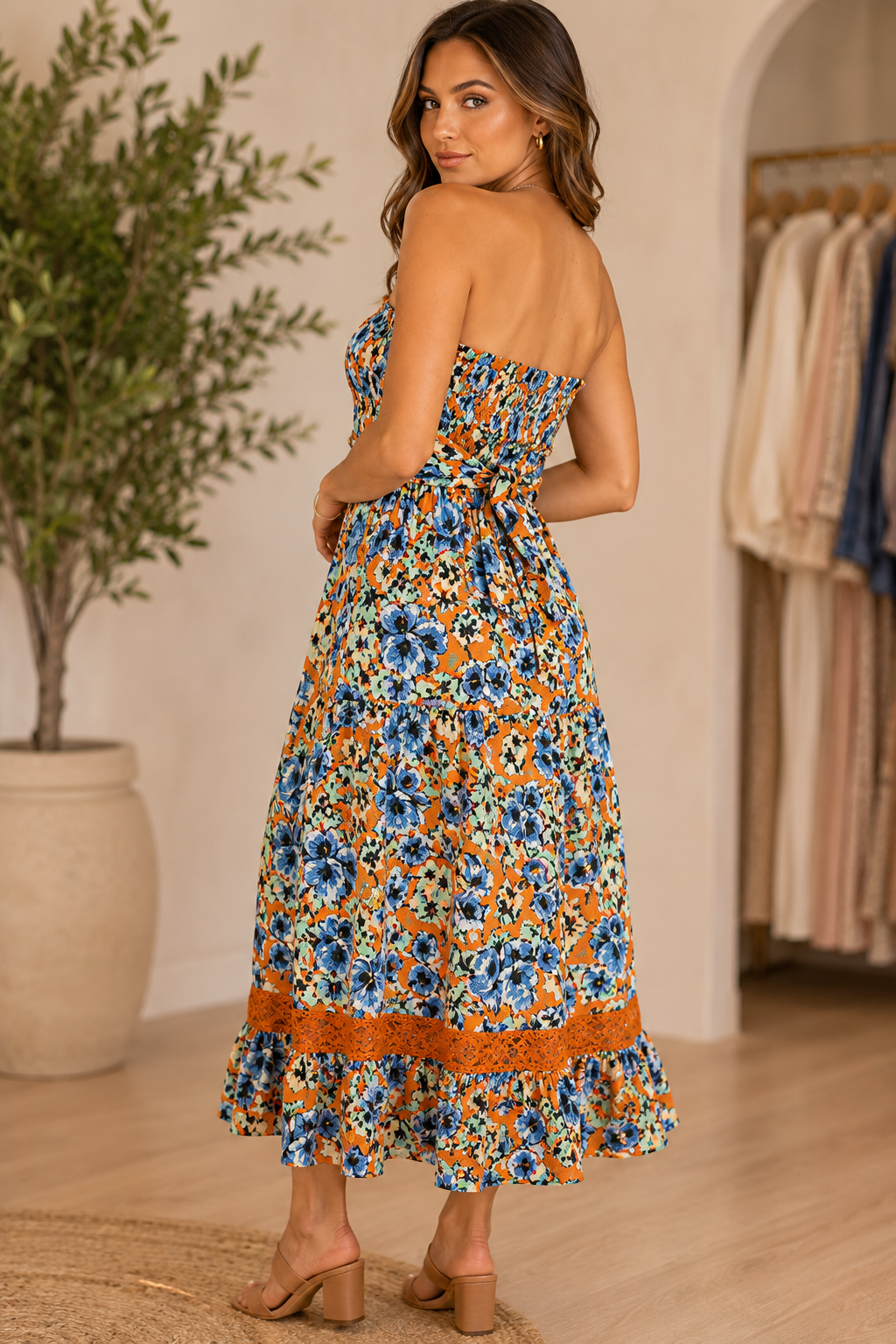 VOY floral rayon gauze maxi dress with smocked tube top and versatile front or back tie back view
