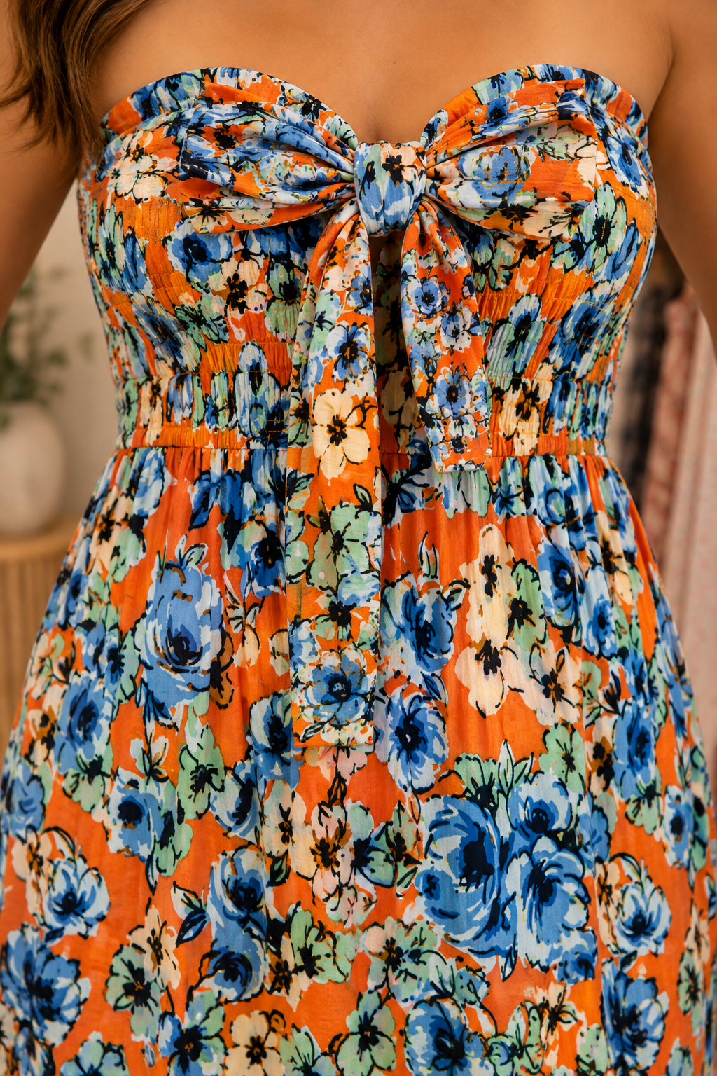 VOY floral rayon gauze maxi dress with smocked tube top and versatile front or back tie bust view