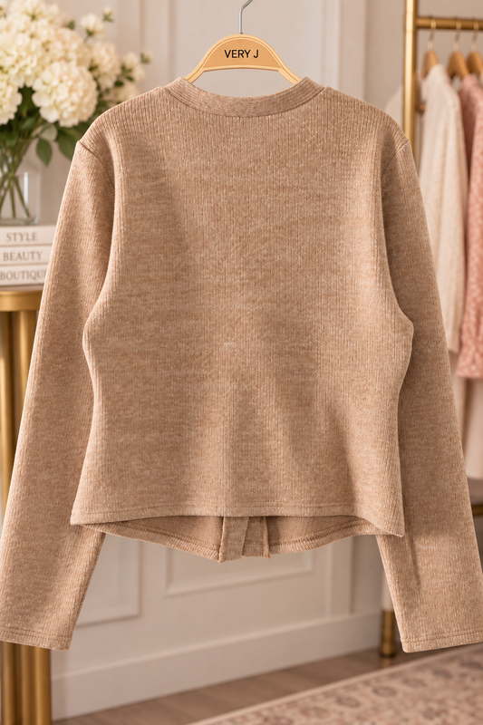 Very J mocha soft ribbed V-neck cardigan with gold-tone buttons and long sleeves back view