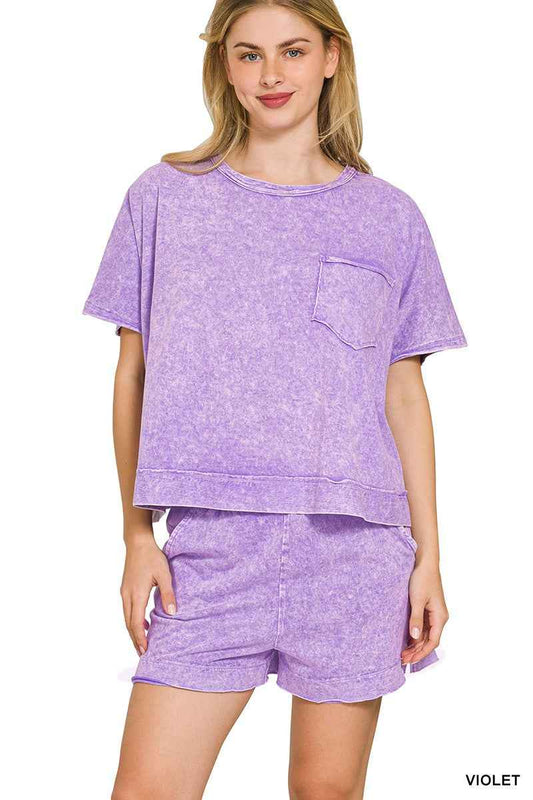 Violet Halo Snow Washed Boxy Top & Shorts Set by Zenana
