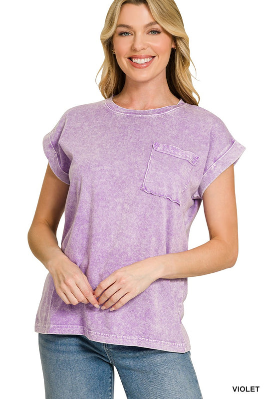 Violet Halo Snow Washed Cuffed Short Sleeve Tee by Zenana Front View