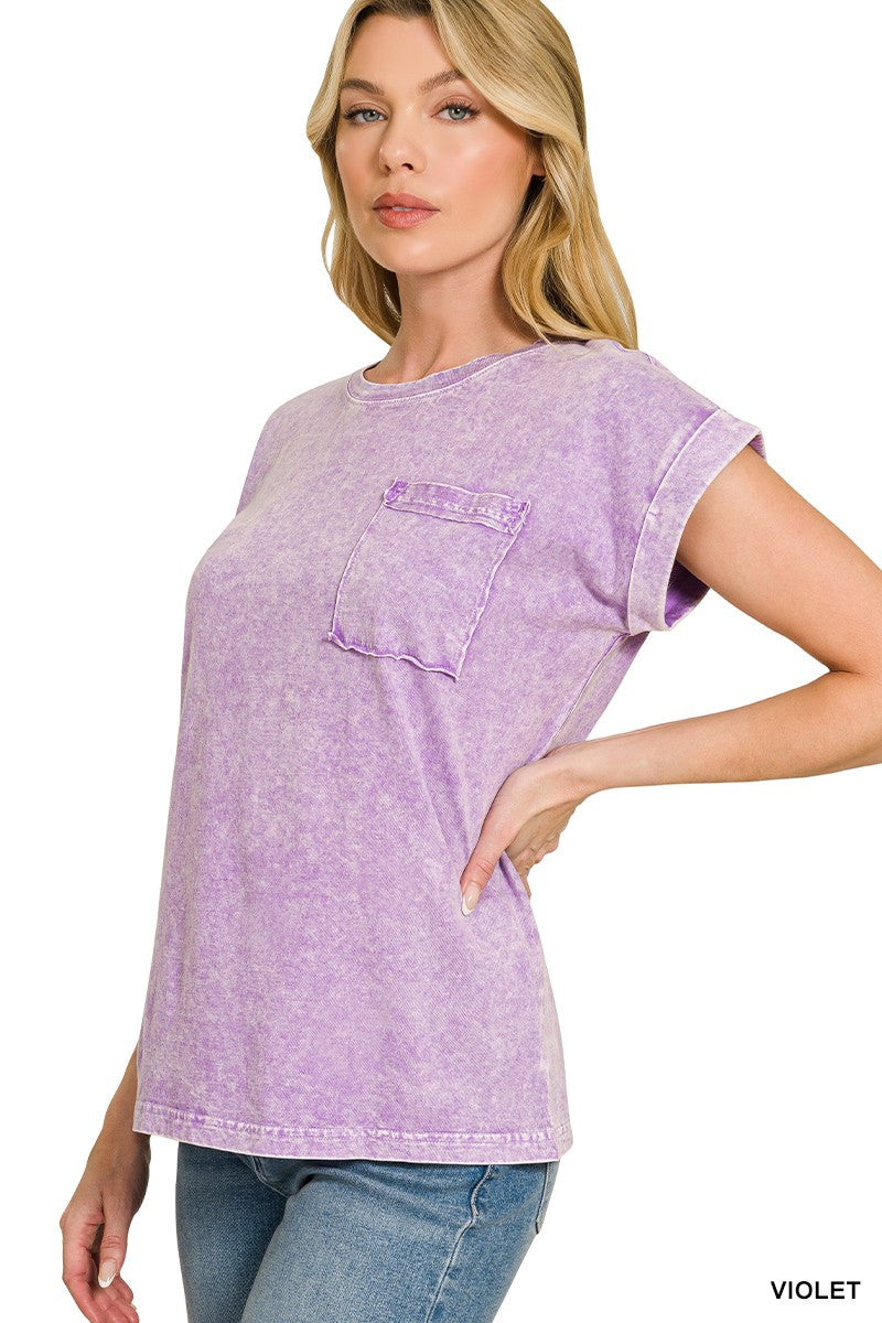 Violet Halo Snow Washed Cuffed Short Sleeve Tee by Zenana Side View