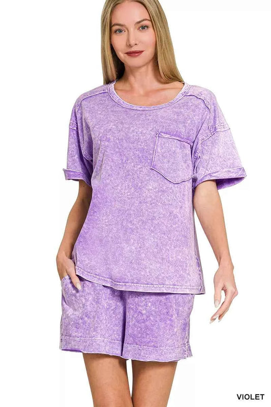 Zenana Violet Halo Snow Washed Exposed Seam Top & Shorts Set Front View