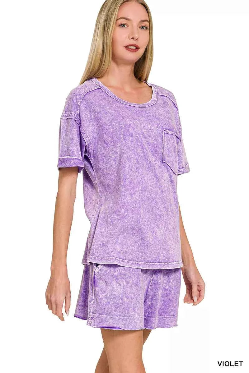 Zenana Violet Halo Snow Washed Exposed Seam Top & Shorts Set Side View