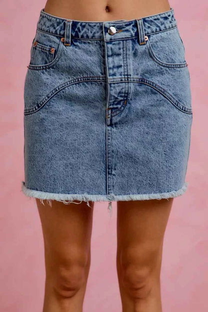 Washed Denim Floral Contrast Pockets Mini Skirt by So Me
