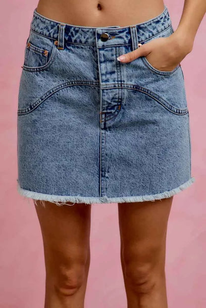 Washed Denim Floral Contrast Pockets Mini Skirt by So Me