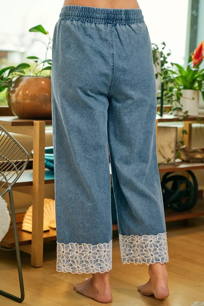 Washed Denim Waist Flower Lace Trim Pants with Pockets by BiBi Back View