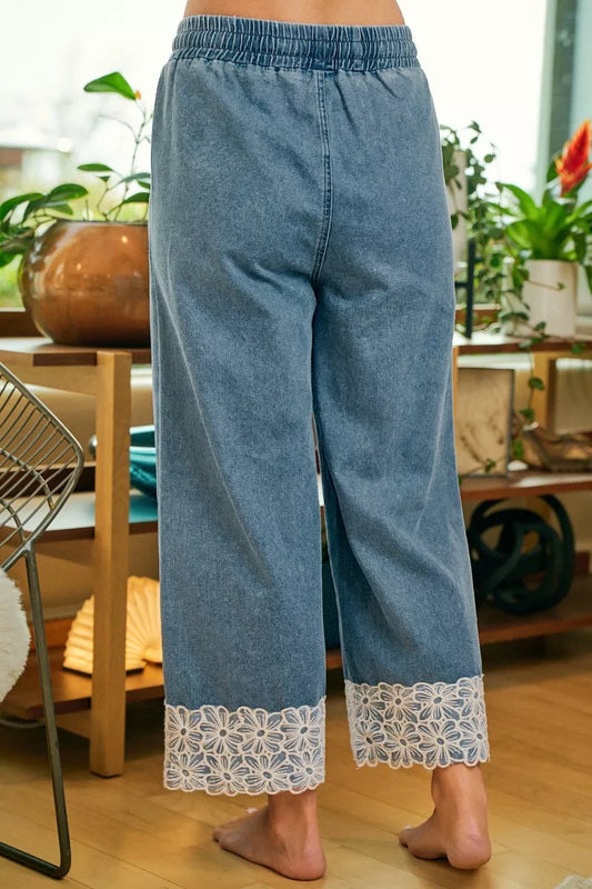 Washed Denim Waist Flower Lace Trim Pants with Pockets by BiBi Back View