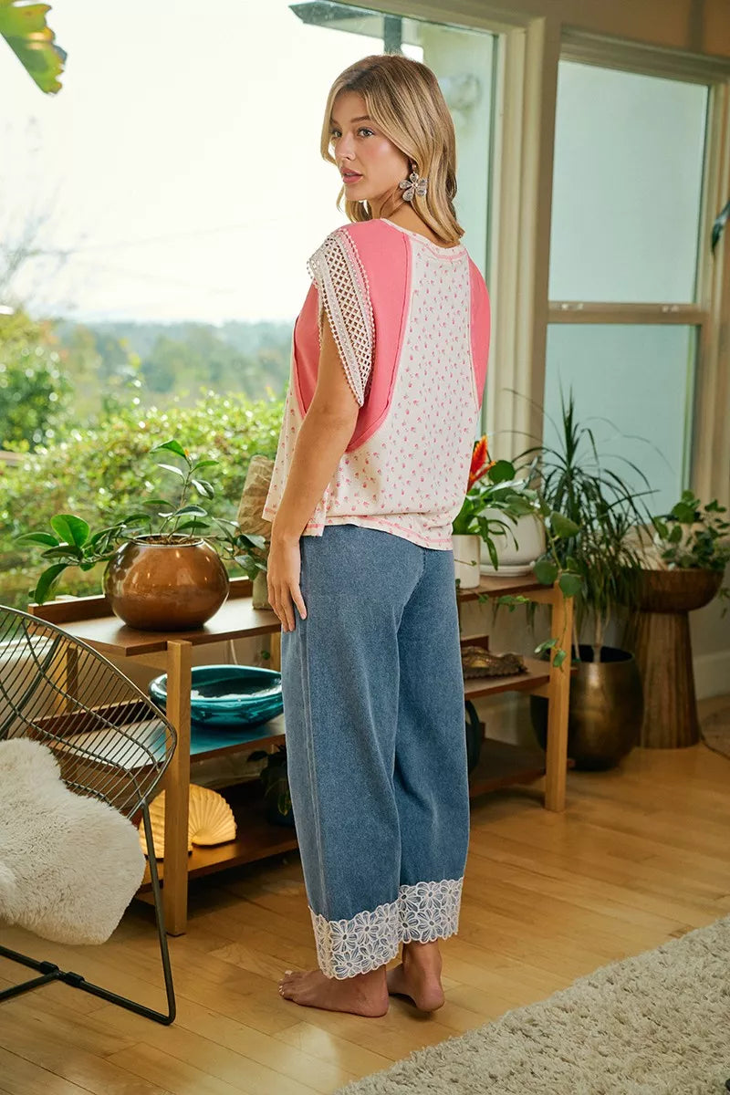 Washed Denim Waist Flower Lace Trim Pants with Pockets by BiBi Back View 2