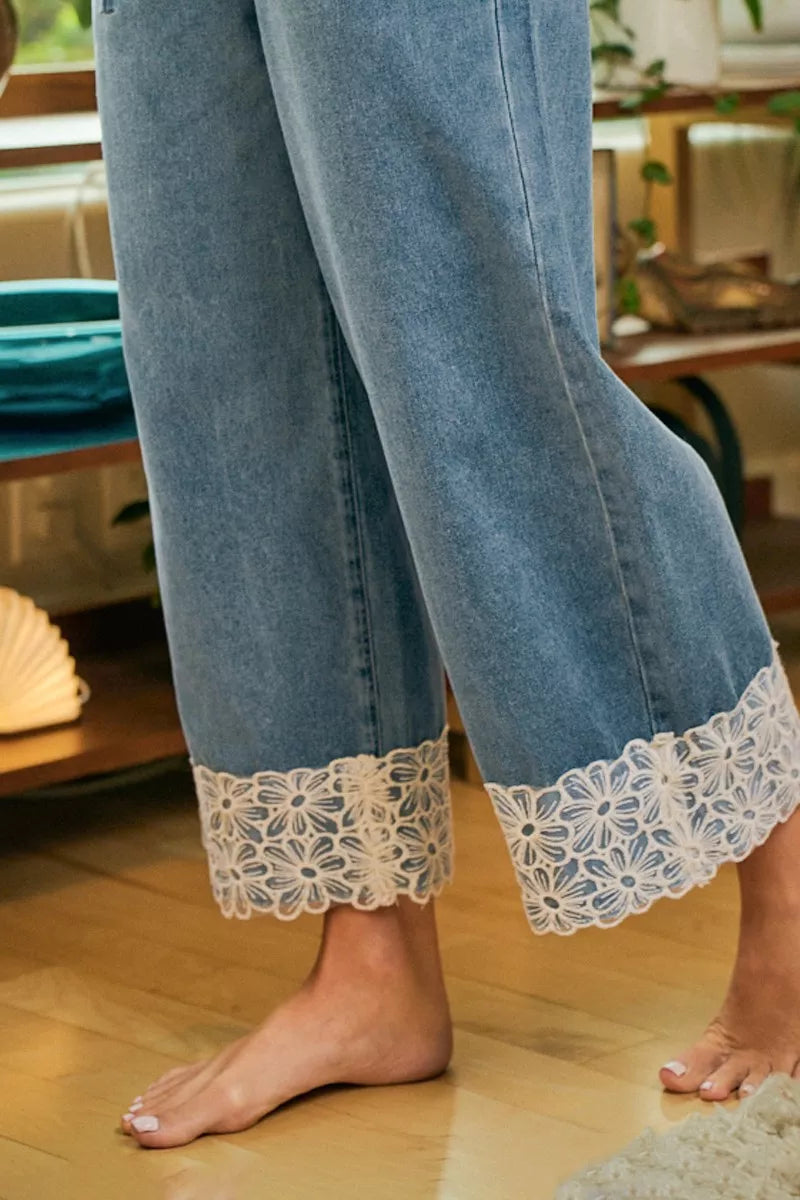 Washed Denim Waist Flower Lace Trim Pants with Pockets by BiBi Close View