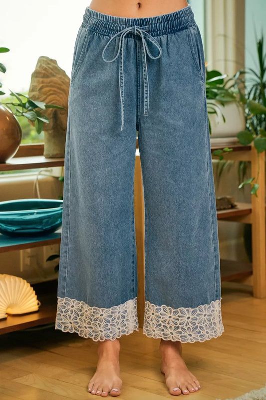 Washed Denim Waist Flower Lace Trim Pants with Pockets by BiBi Front View