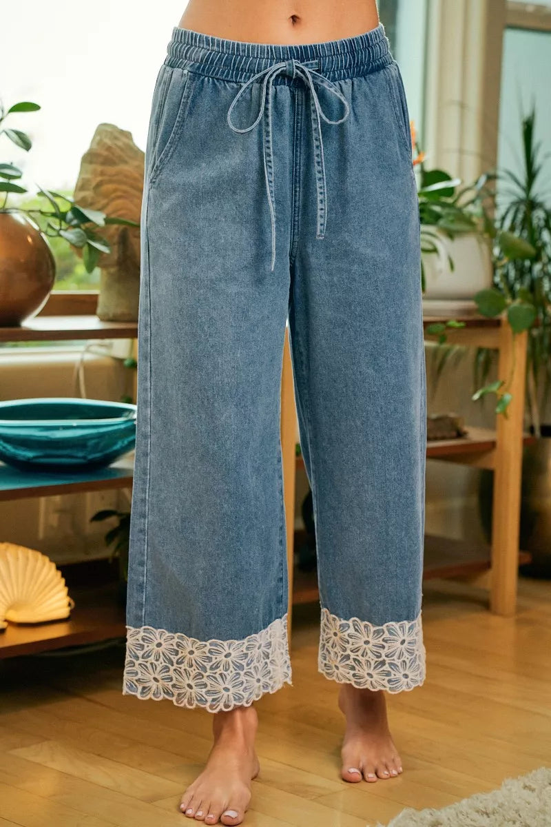 Washed Denim Waist Flower Lace Trim Pants with Pockets by BiBi Front View 2