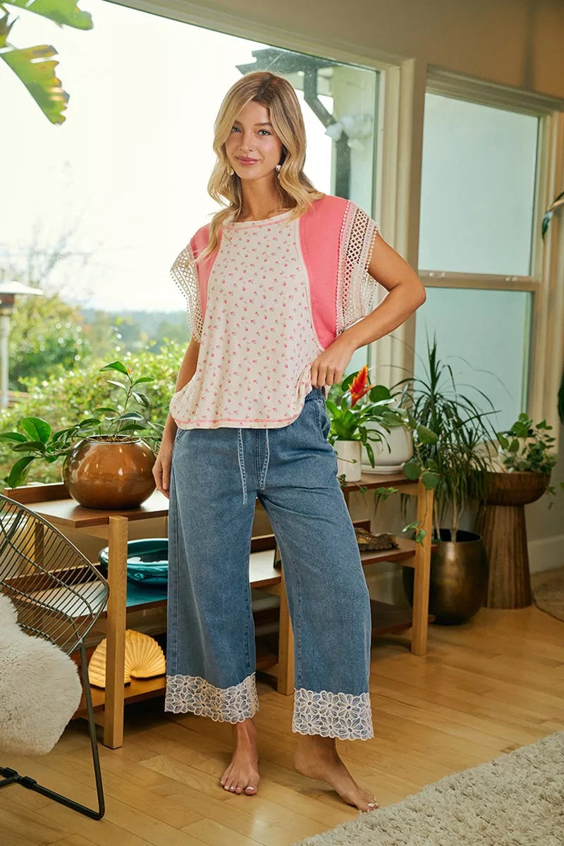 Washed Denim Waist Flower Lace Trim Pants with Pockets by BiBi Full View