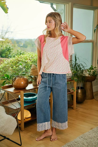 Washed Denim Waist Flower Lace Trim Pants with Pockets by BiBi Full View 2