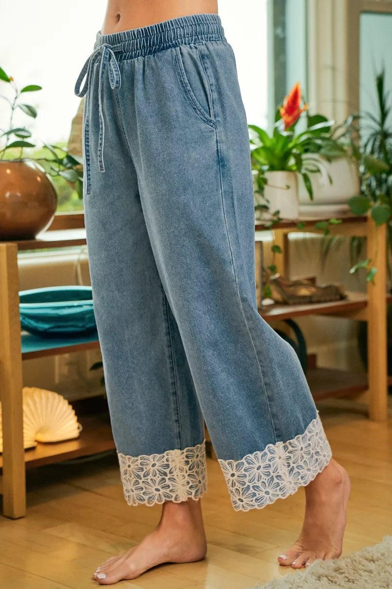 Washed Denim Waist Flower Lace Trim Pants with Pockets by BiBi Side View