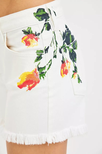 White Tummy Control High Rise Flower Printed Shorts by Risen Close View
