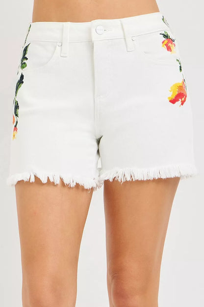 White Tummy Control High Rise Flower Printed Shorts by Risen Front View