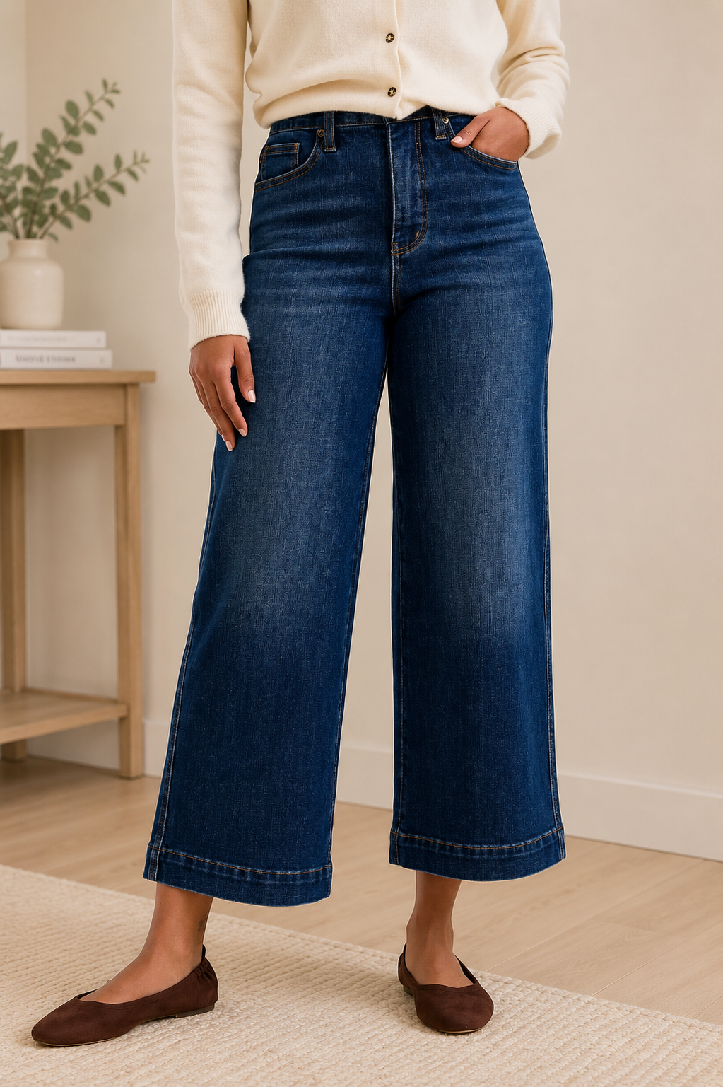 Woman wearing Judy Blue Claudia high waist tummy control ankle wide leg jeans in a dark indigo wash with a flattering modern silhouette. Front view