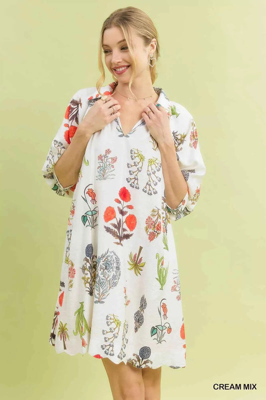 Cream Botanical Print Mini Dress with Pockets by Umgee
