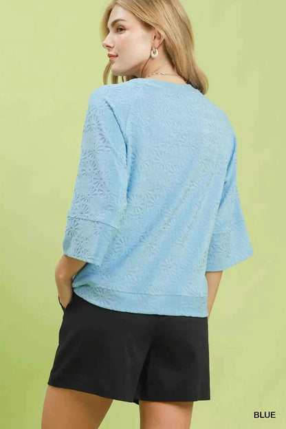 Blue Round Neck Textured Floral Terry Blouse by Umgee