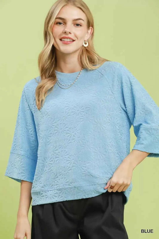 Blue Round Neck Textured Floral Terry Blouse by Umgee