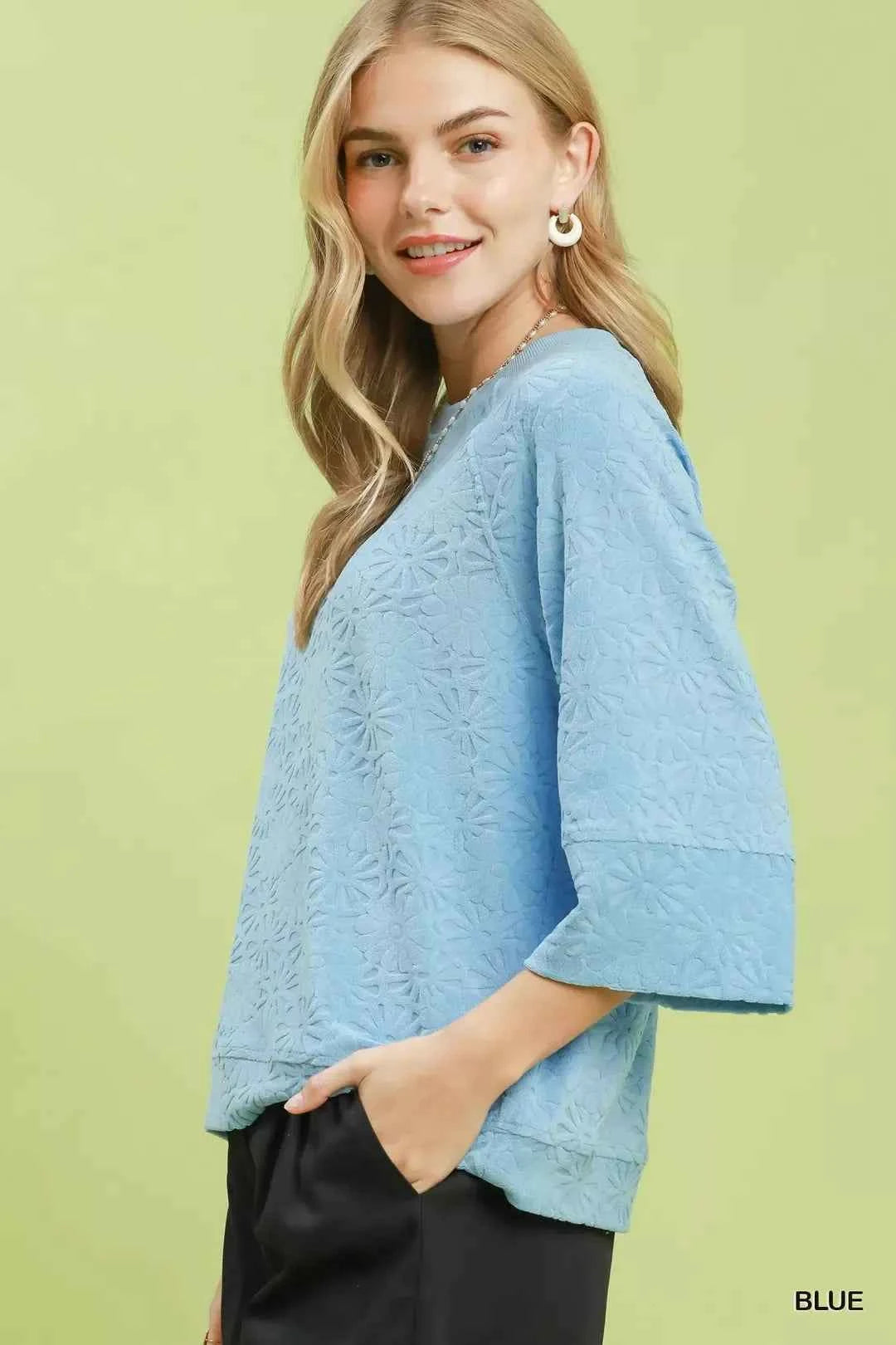 Blue Round Neck Textured Floral Terry Blouse by Umgee