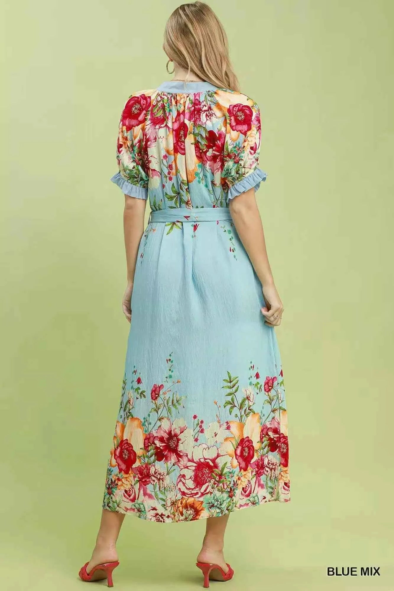 Blue Mix Floral Border Print Belted Midi Dress with Pockets by Umgee