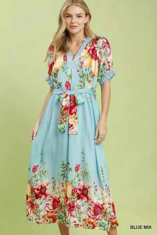 Blue Mix Floral Border Print Belted Midi Dress with Pockets by Umgee