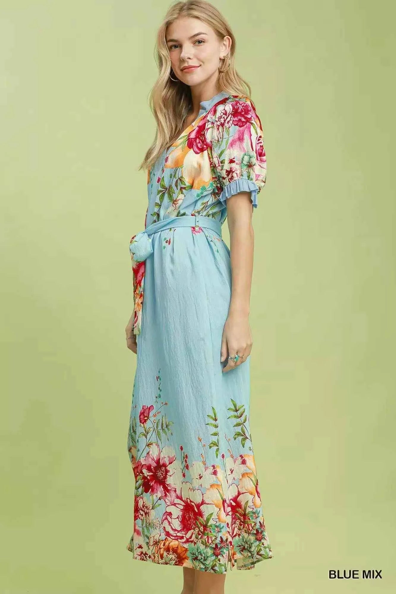 Blue Mix Floral Border Print Belted Midi Dress with Pockets by Umgee