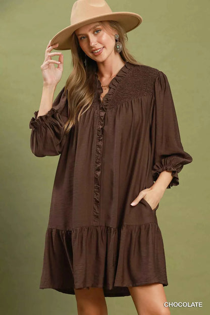 Chocolate Brown Smocked Ruffle Mini Dress with Pockets by Umgee