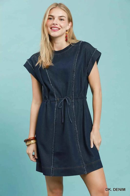 Dark Denim Raw Edge Drawstring Mini Dress with Pockets by Umgee