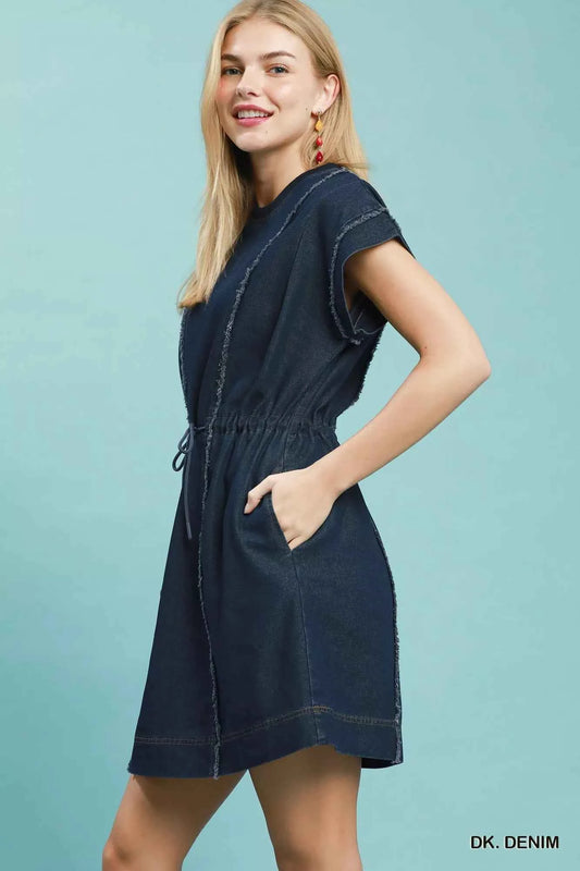 Dark Denim Raw Edge Drawstring Mini Dress with Pockets by Umgee