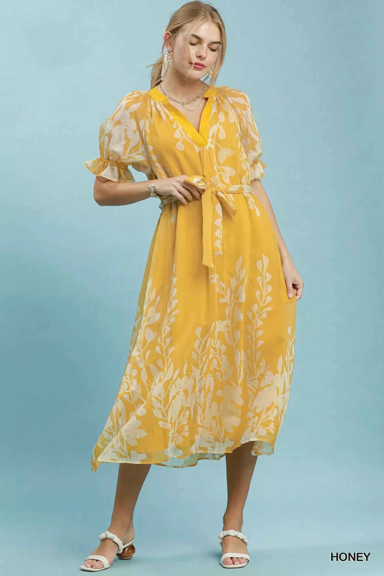 Honey Floral Print Tie Waist Midi Dress with Side Pockets by Umgee