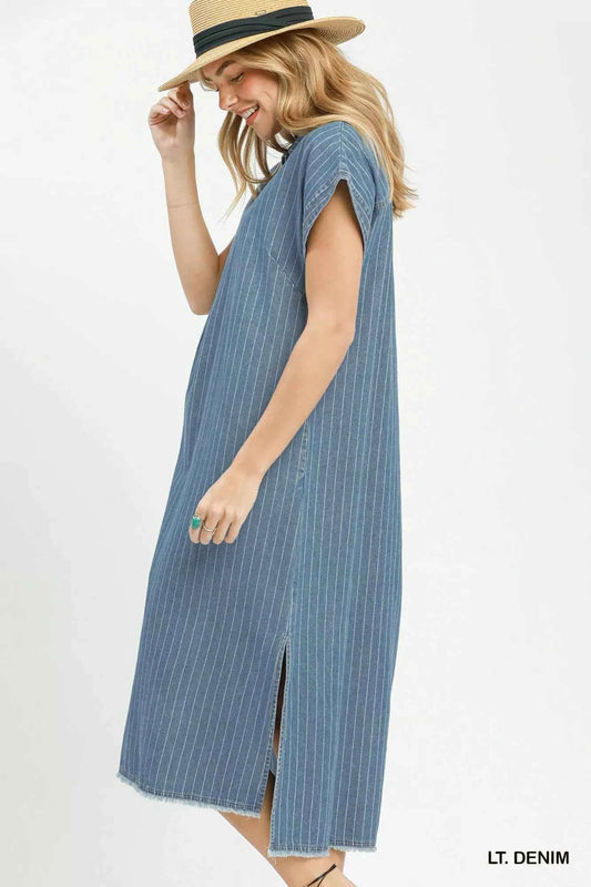 Light Denim Pinstripe Denim Collared Midi Dress w/ Pockets by Umgee