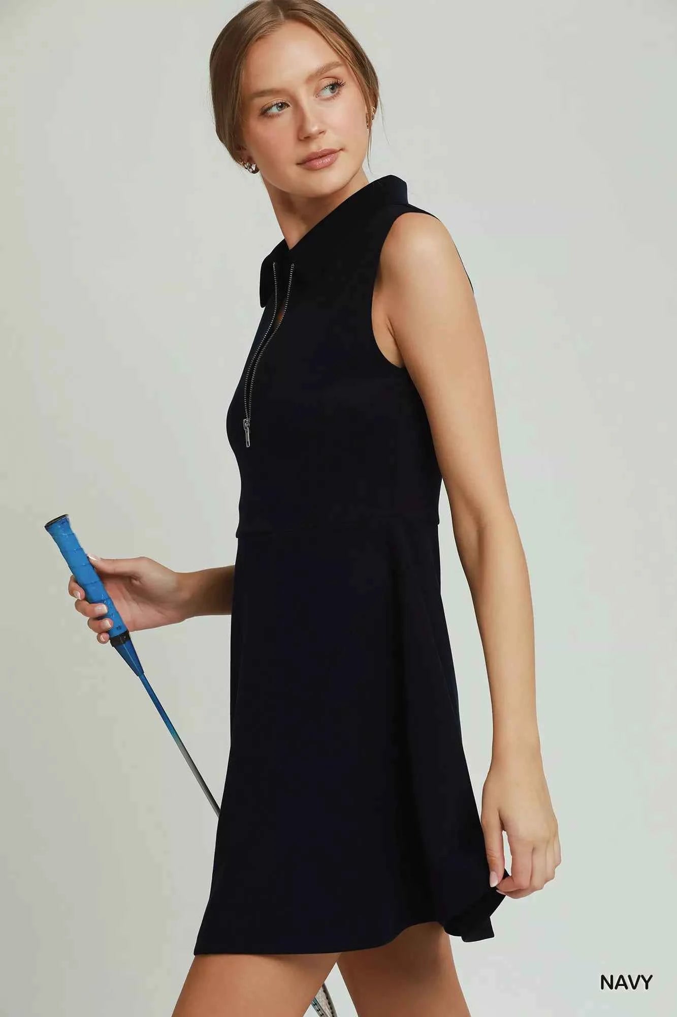 Navy Quarter Zip Athleisure Tennis Dress by Umgee