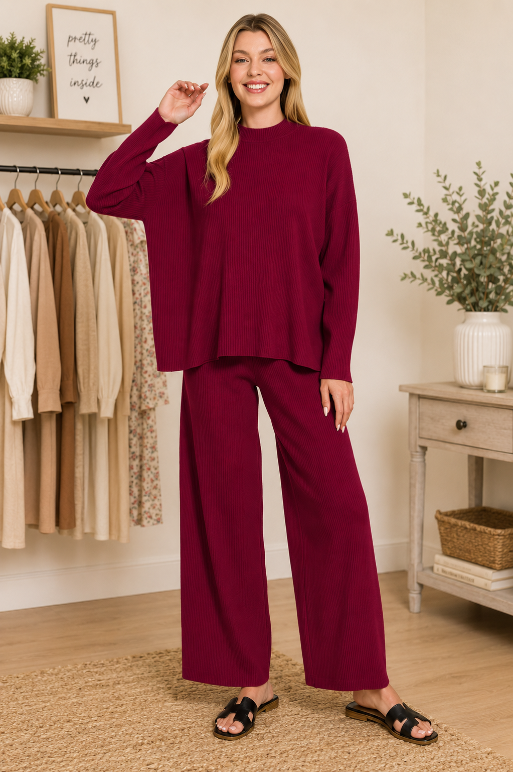 Woman wearing a Cabernet ribbed viscose two-piece lounge set featuring a relaxed sweater top and wide-leg pants by Zenana. front view