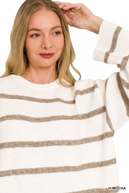 Woman wearing a Zenana Heather Mocha striped wool blend sweater with long sleeves and a relaxed fit. Close View