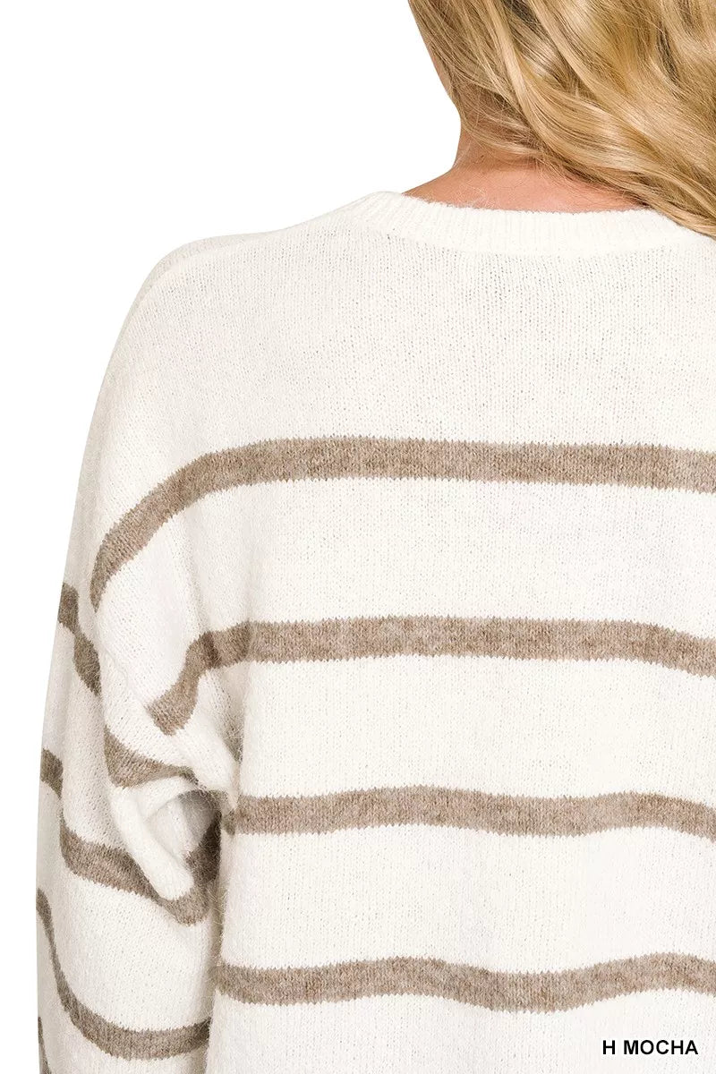 Woman wearing a Zenana Heather Mocha striped wool blend sweater with long sleeves and a relaxed fit. close view 2