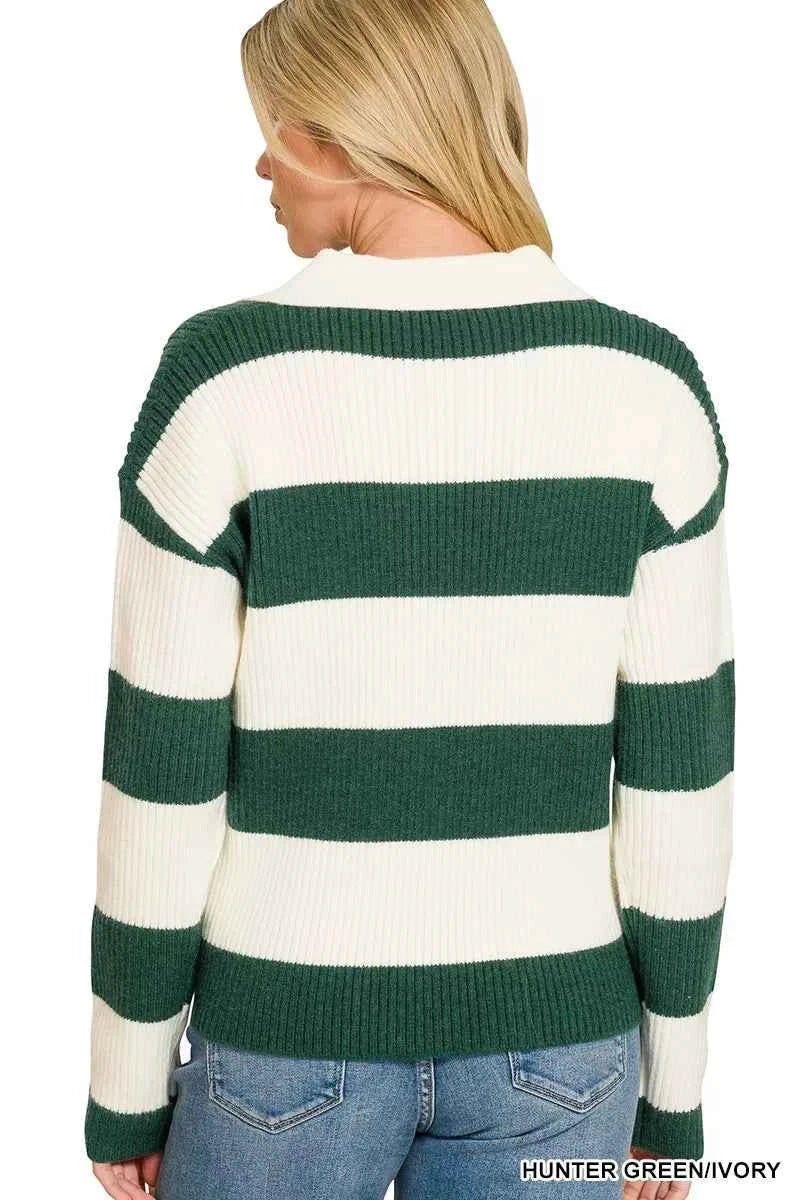 Woman wearing a Zenana hunter green and ivory striped collared sweater with ribbed knit texture and relaxed fit styling. Back View