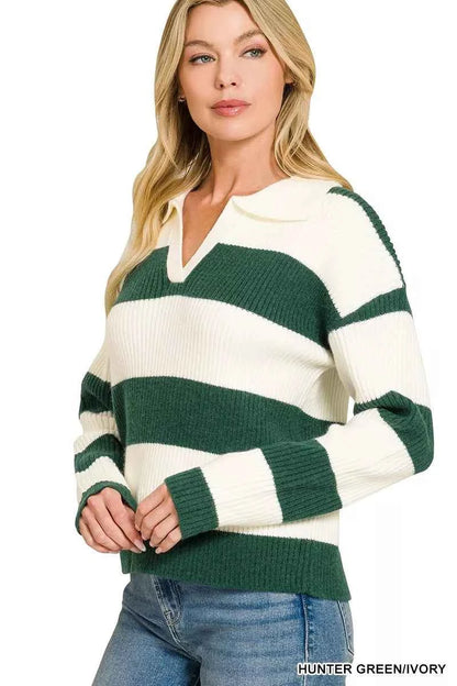Woman wearing a Zenana hunter green and ivory striped collared sweater with ribbed knit texture and relaxed fit styling. Side View