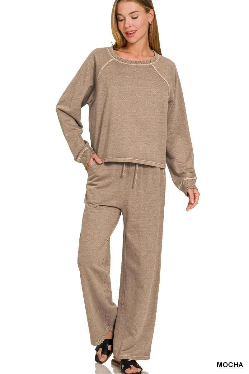 Mocha Washed French Terry Round Neck Pullover & Pants Set by Zenana