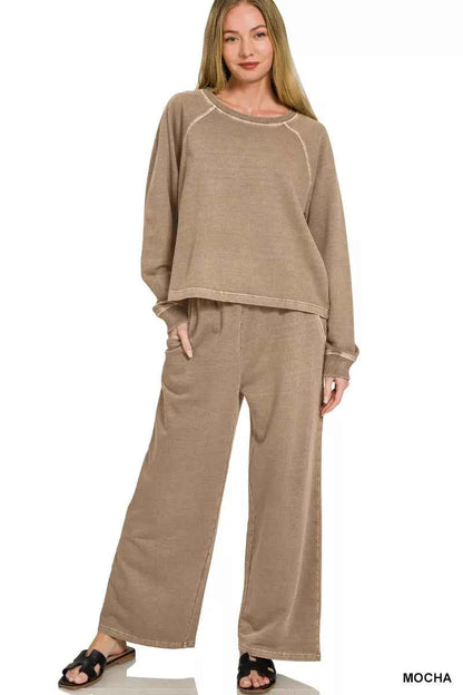 Mocha Washed French Terry Round Neck Pullover & Pants Set by Zenana