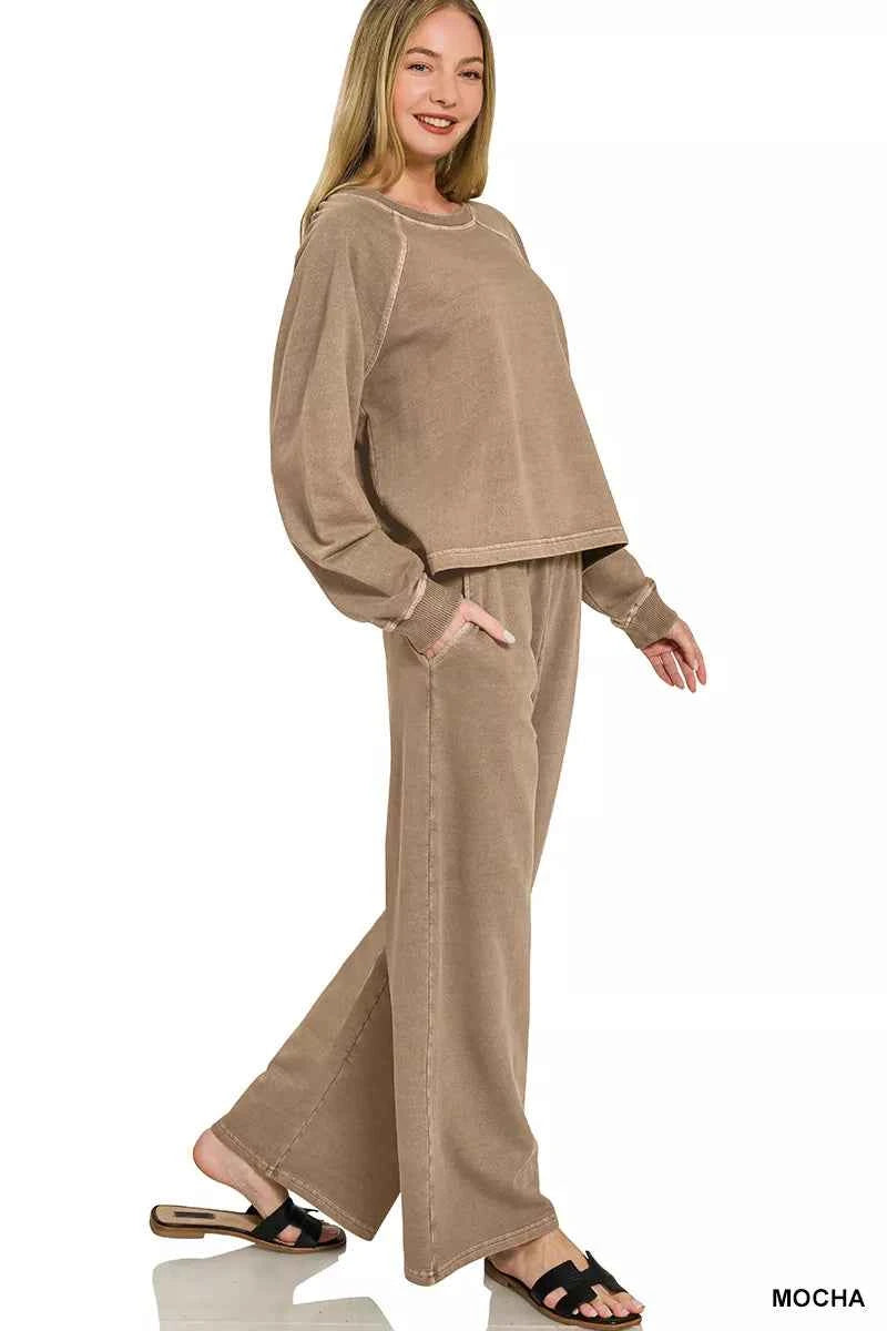 Mocha Washed French Terry Round Neck Pullover & Pants Set by Zenana