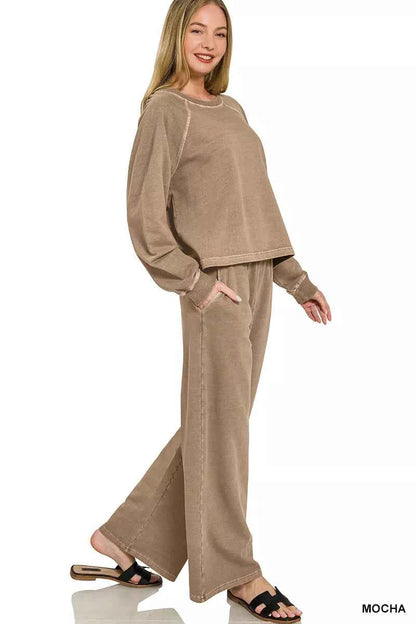 Mocha Washed French Terry Round Neck Pullover & Pants Set by Zenana