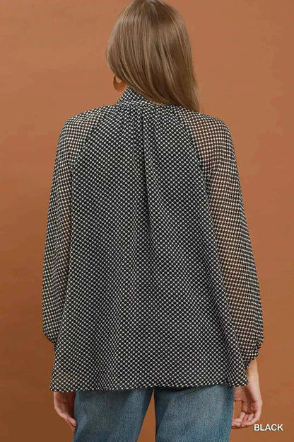Black Dot Print Tie Neck Long Sleeve Blouse by Umgee