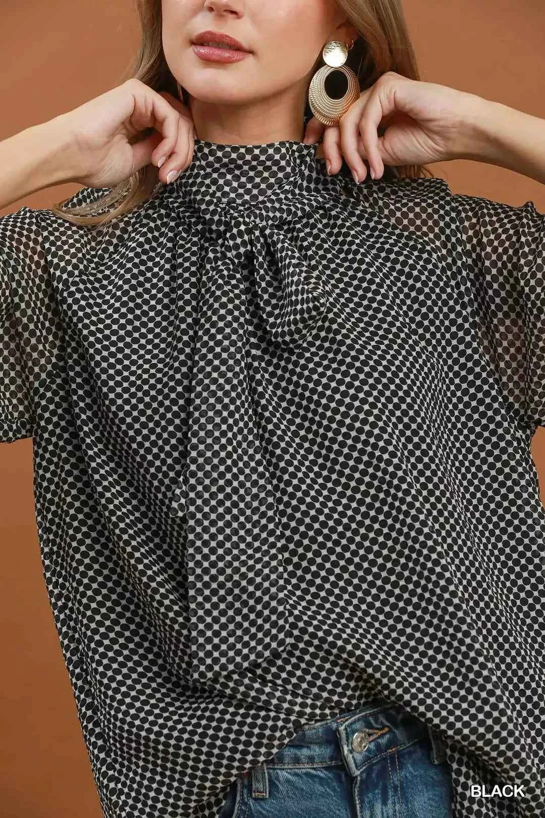 Black Dot Print Tie Neck Long Sleeve Blouse by Umgee