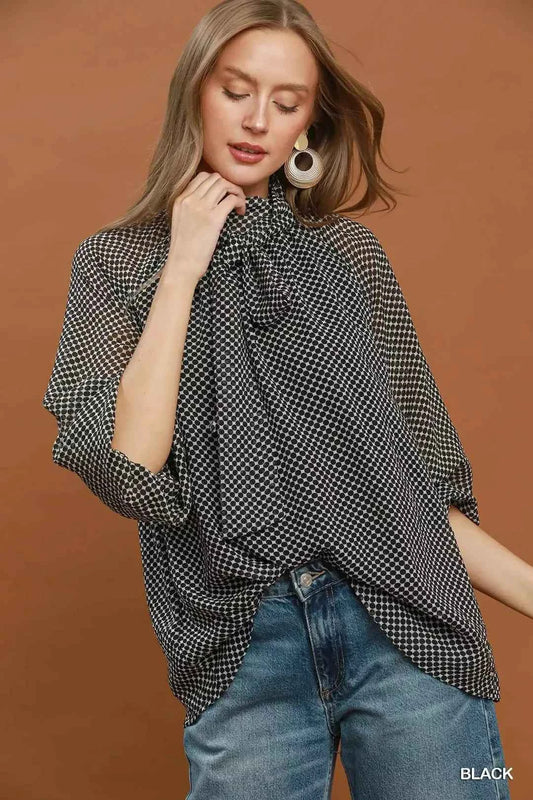 Black Dot Print Tie Neck Long Sleeve Blouse by Umgee